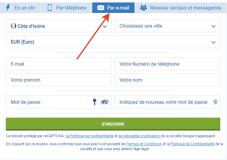 registration 1xBet email