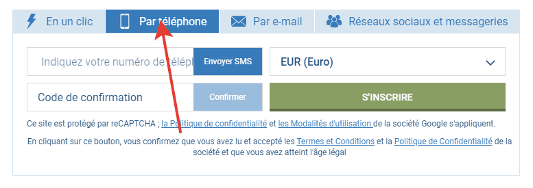 registration 1xBet phone
