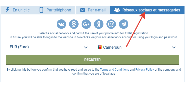 registration 1xBet social